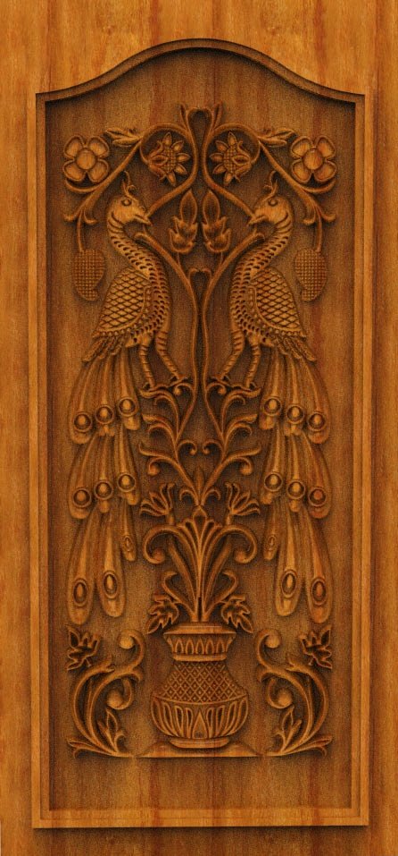 3D DOOR - OAK-04 Peacock Floral Vase Decorative Carved Wood Panel 3D Model